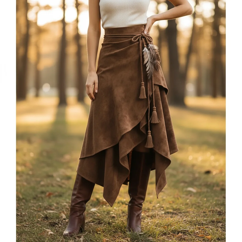 

Замшевая юбка нестандартной формы для женщин с высокой талией, коричневая плиссированная юбка трапециевидной формы в американском стиле ретро, повседневная винтажная юбка-миди, осенняя модная юбка