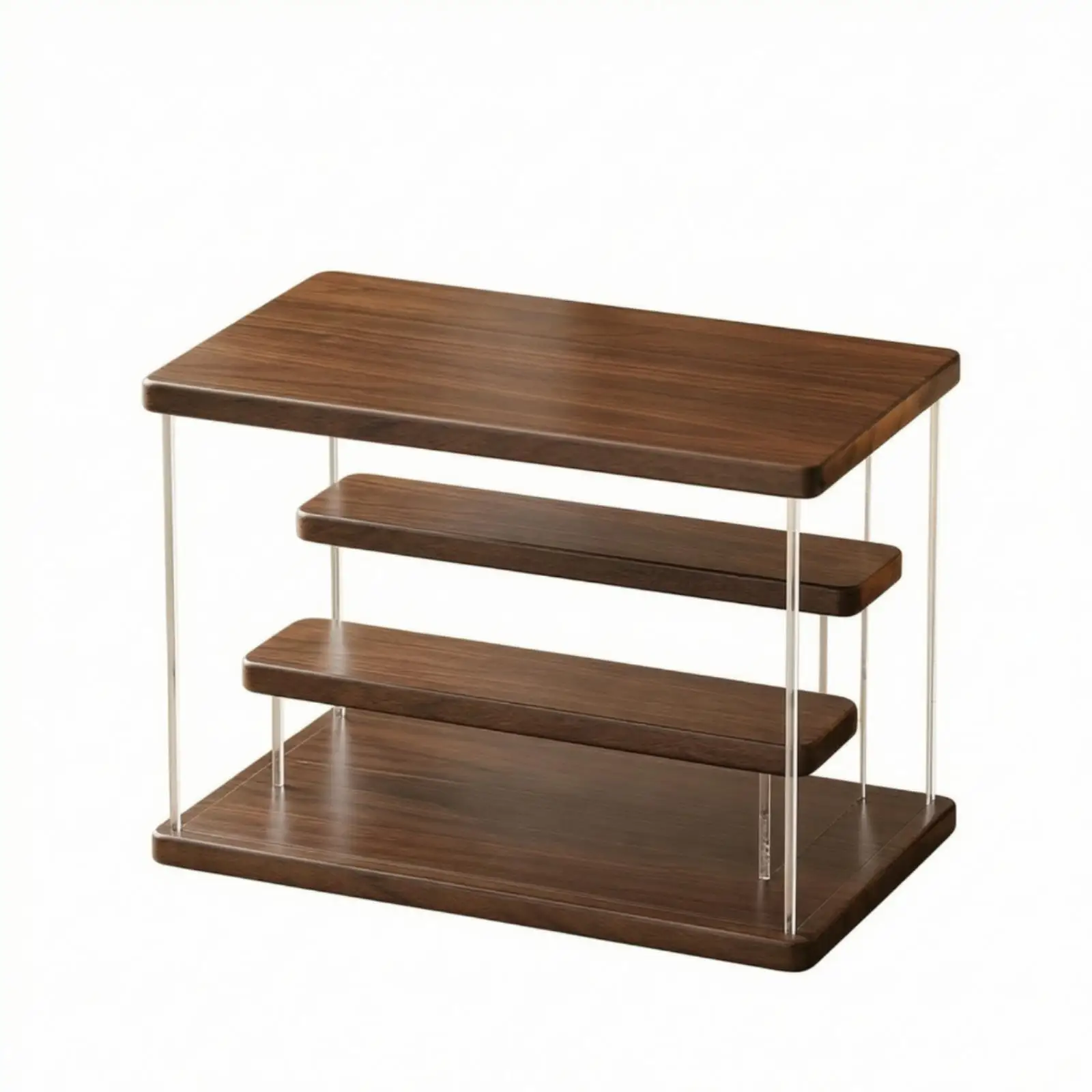 Clear Acrylic Showcase Cabinet with Solid Wood Accents for Displaying Figures Ornaments and Collectibles on Wall Shelf