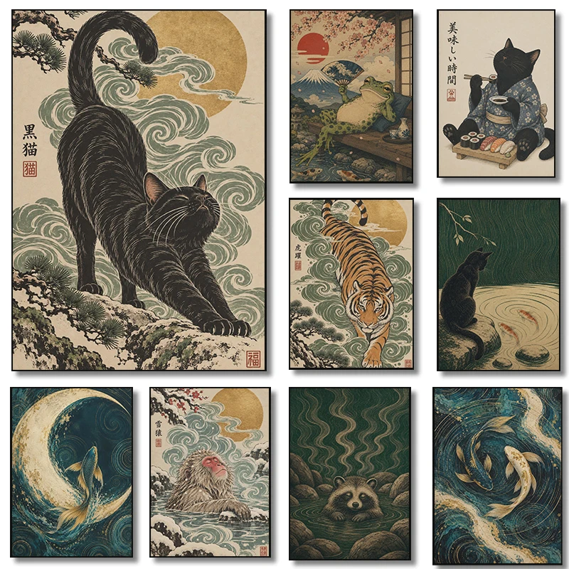 Vintage Zen Animal Black Cat Stalking Frog Posters Tiger Ink Wash Prints Canvas Painting Wall Pictures Home Living Room Decor