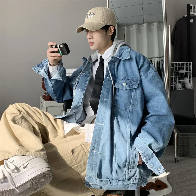 Spring new oversized men's hooded denim jacket for couples loose fitting jacket versatile denim jacket street fashion trend