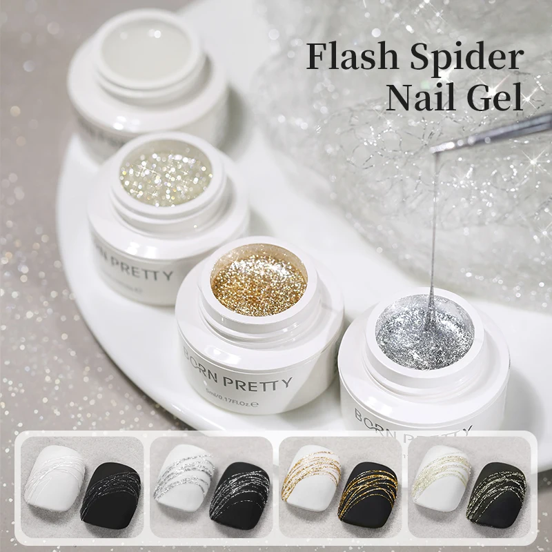 

BORN PRETTY 5 мл Прозрачный серебристо-золотой гель для ногтей с эффектом паутины, блестящий глиттерный УФ-гель для рисования и дизайна ногтей, УФ-гель для маникюра, снимаемый с помощью замачивания