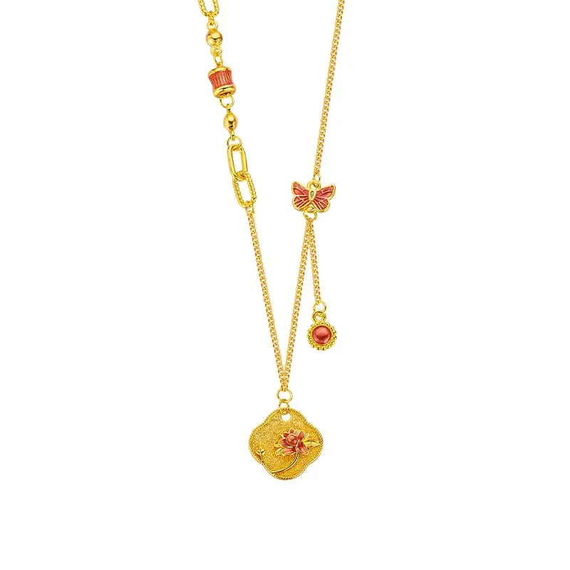 VivoGold9999 24K Real Gold Women's New Chinese China-Chic Lucky Lotus Butterfly Set Chain Versatile White Enamel Color Necklace