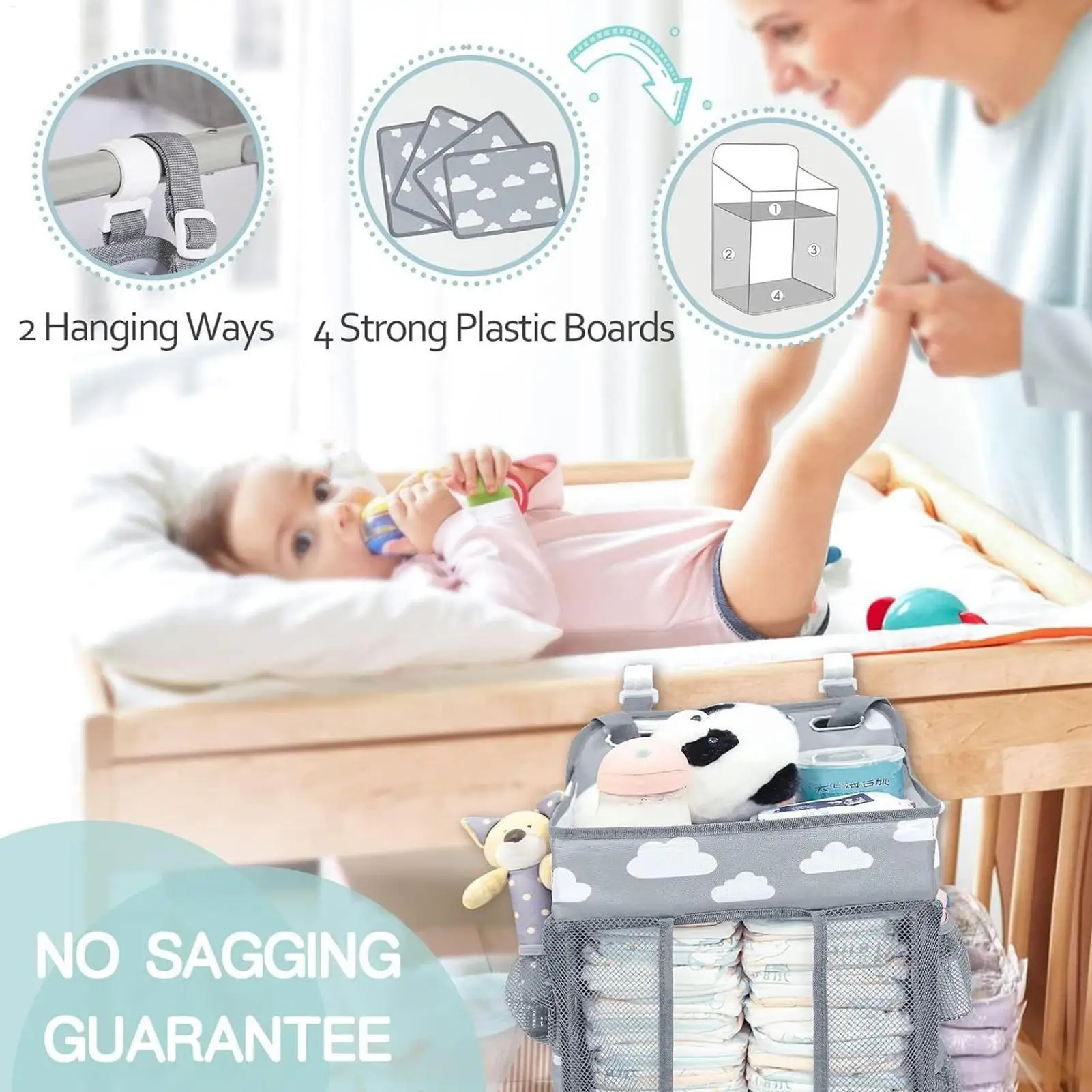 Diaper Holder for Crib Waterproof Adjustable Multi-Pocket Stable Storage Cribs Baby Diaper Holder Stacker for Wall Door Nursery