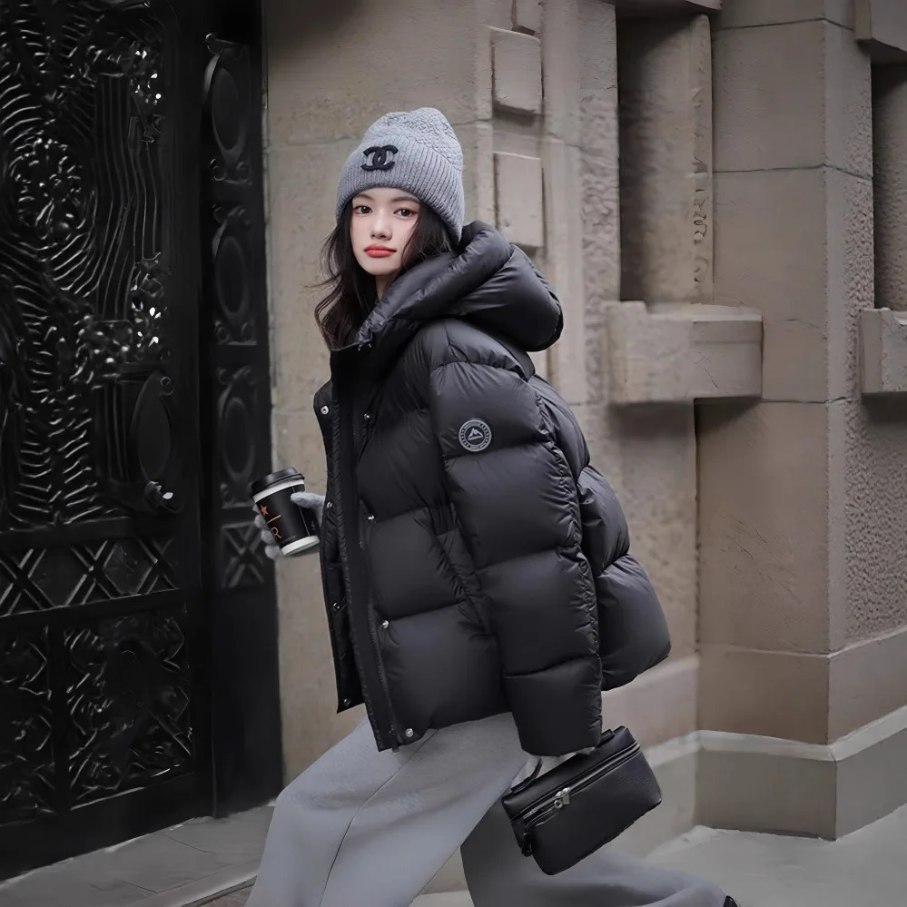 

Winter Short Solid Hooded Down Jacket Women White Duck Down Loose Zipper Parker Outwears Female Warm Thick Quilted Cotton Jacket