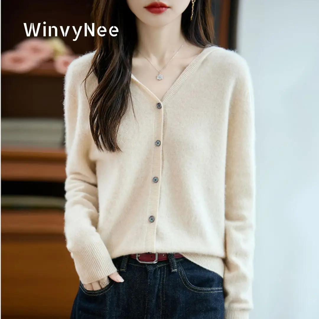 

WinvyNee Women Clothing Tops Cardigans 100% Warm Wool Causal Soft Solid V Neck Winter Spring Sweater Knitted Coats B1713007