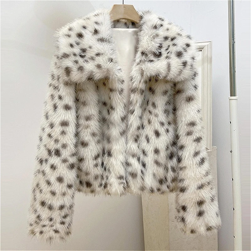 Short Coats Women Faux Fur Jackets Turn Down Collar Leopard Print Coat Thick Warm Y2k Streetwear Jacket Elegant Autumn Winter