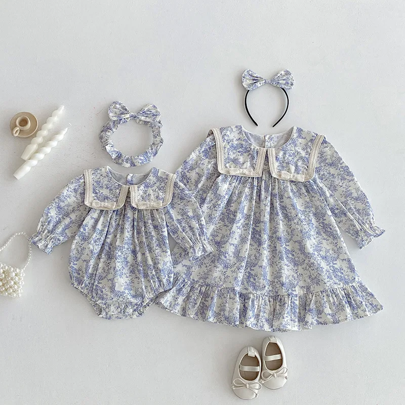 

Autumn Kids Baby Girls Bodysuits Round Neck Puffed Sleeve Toddler Baby Girls Rompers Navy Blue Polka Dot Infant Baby Girls Dress