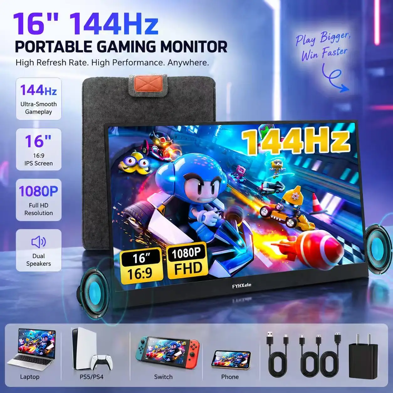 FYHXele Écran portable multifonctionnel de 16 pouces avec support, panneau IPS, résolution FHD 1080P, fréquence de rafraîchissement de 144 Hz, 99 % sRGB, prend en charge la connexion à Switch, Xbox, PS3/4/S, pour les jeux, le bureau et l'apprentissage