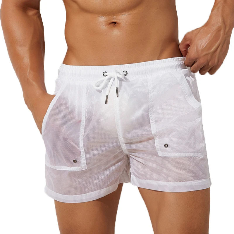 Men Board Shorts Thin See Through Quick Drying Swimsuits Trunks Casual Pocket Workout Gym Pants Bathing Suit Surf Beach Swimwear