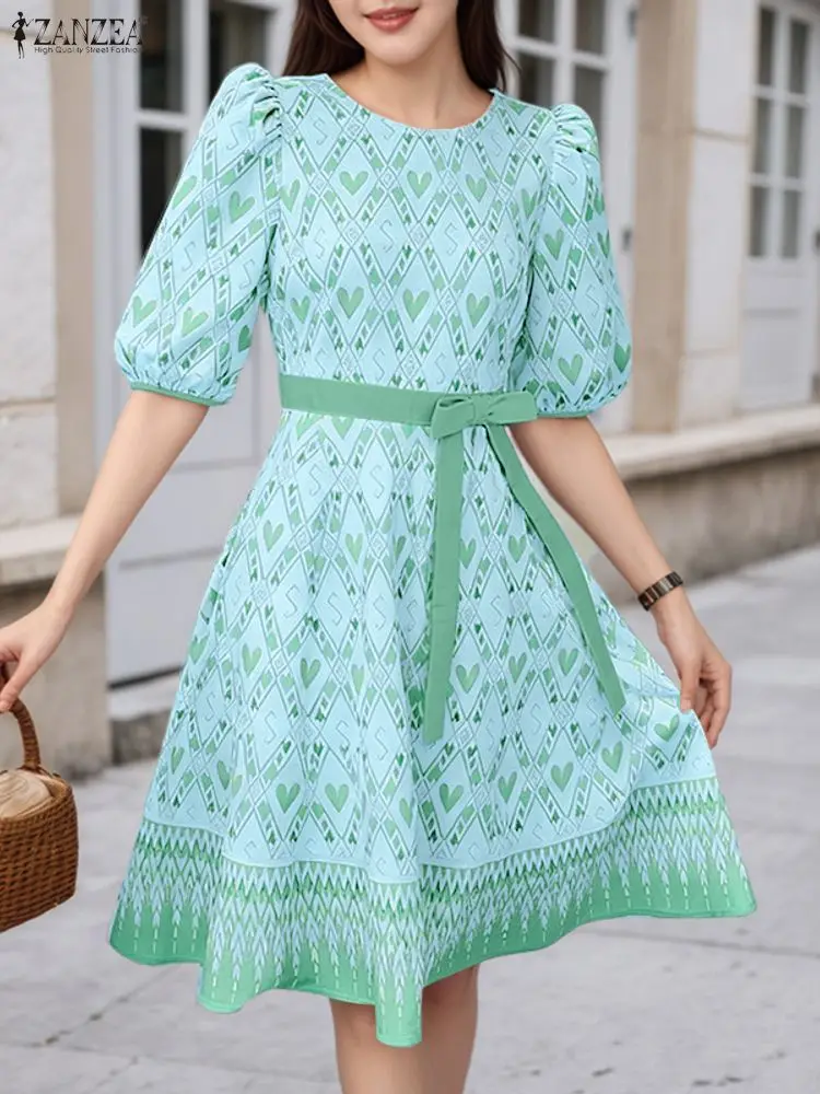 ZANZEA-vestidos de fiesta elegantes con estampado de corazón para mujer, vestidos de fiesta con cuello redondo, media manga abombada, cintura ajustada, detalle de lazo, vestido hasta la rodilla, S-3XL