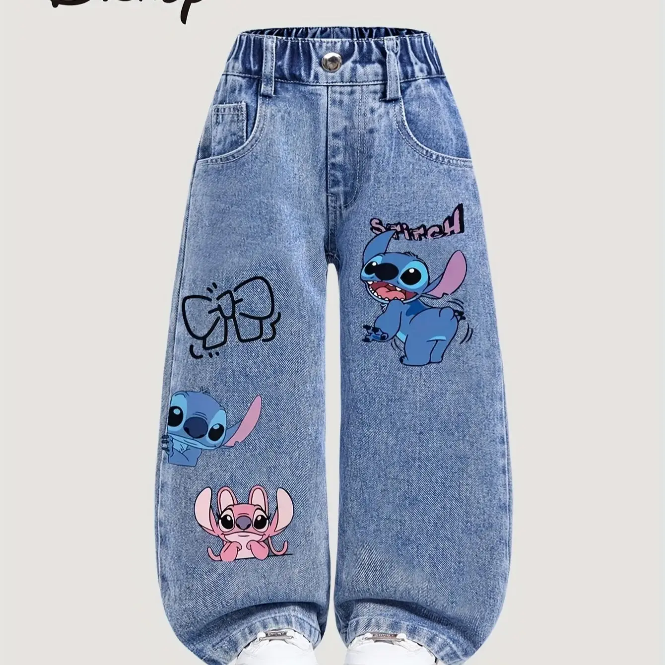 

Disney-Stitch pattern Cute Straight Leg Loose Casual Jeans for Young Girls Fashionable All-Match Style Elastic Waist 2026