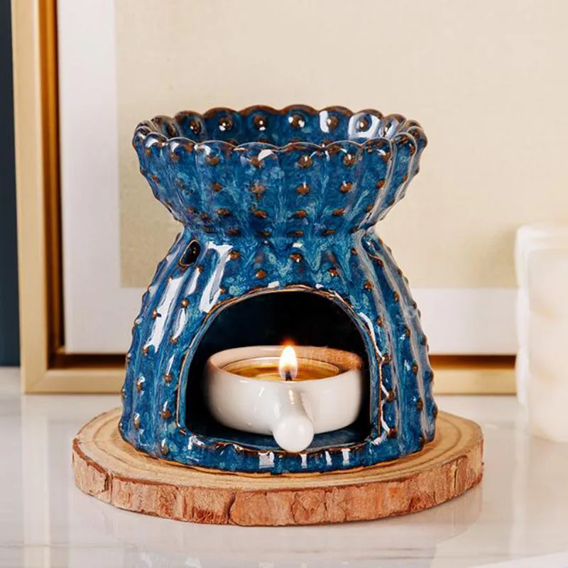 

3Pcs Burner Blue Color Porcelain Oil Furnace Burner Candle Holder Cactus Oil Lamp Household Fragrance Product Home Decor