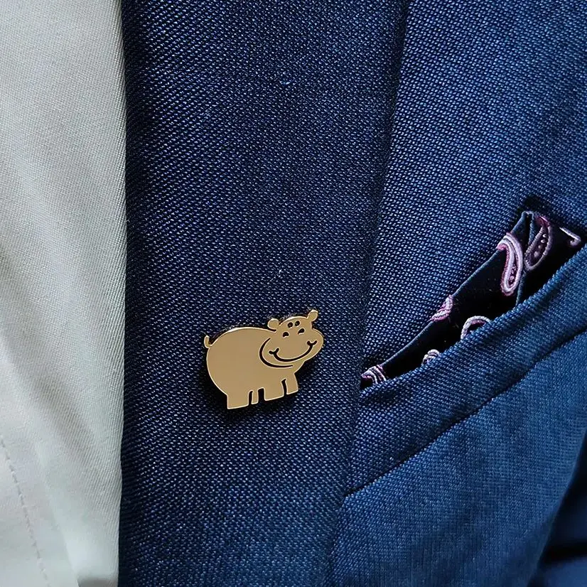 

Metal costume brooch. Cartoon hippopotamus stainless steel brooch, men's collar badge pin, a gift for your husband