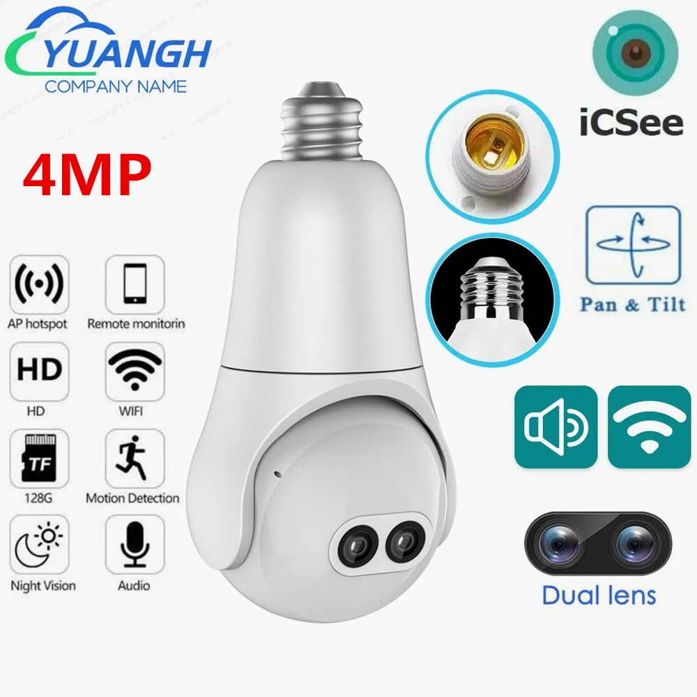 

4MP ICSee Dual Lens WIFI E27 Bulb Camera Auto Tracking Security Surveillance Smart Home Camera Color Night Vision