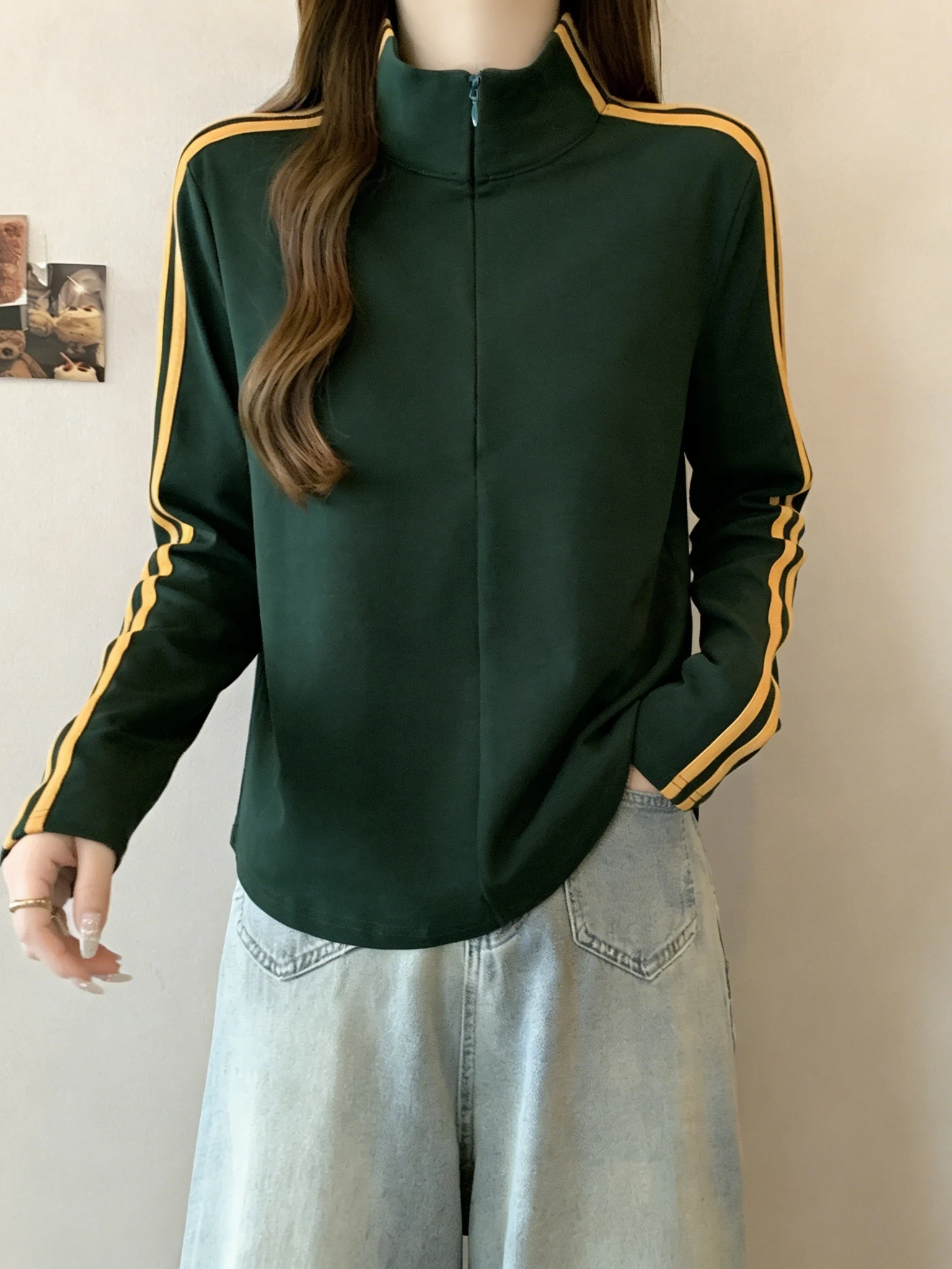 Slimming Effect Women's Long Sleeve Hoodie Striped Design Stand Collar Base Layer Shirt Spring Autumn plus Size Fashion Top