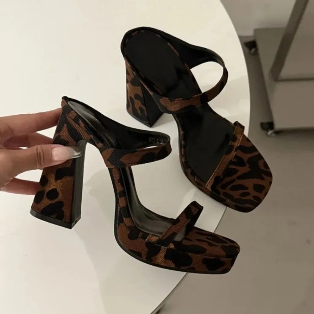 Temperament Square Toe One Word with Platform Block Heel Beautiful Leopard Pattern Cool Drag High Heel Sandals