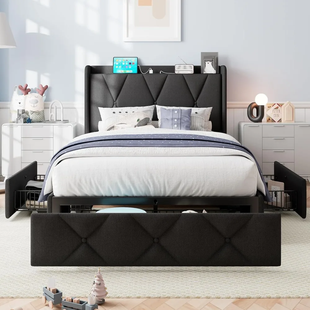 

iPormis Twin Bed Frame with 3 Storage Drawers, Upholstered Platform Bed Frame with Charging Station, Modern Wingback Storage Hea
