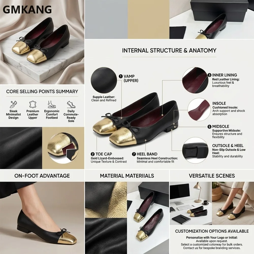 Women Spliced Leather Slip-On Ballet Flats Square Toe Bow Decor Comfortable Casual Walking Shoes GMKANG