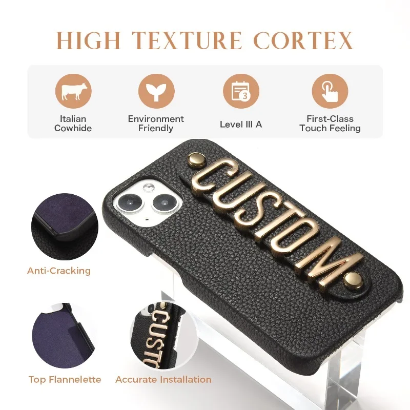 for IPhone16 15 14 13 12 11Pro ProMax Plus Mini Series New Luxury Monogrammed Leather Phone Case Custom Name Metal Letters Cover