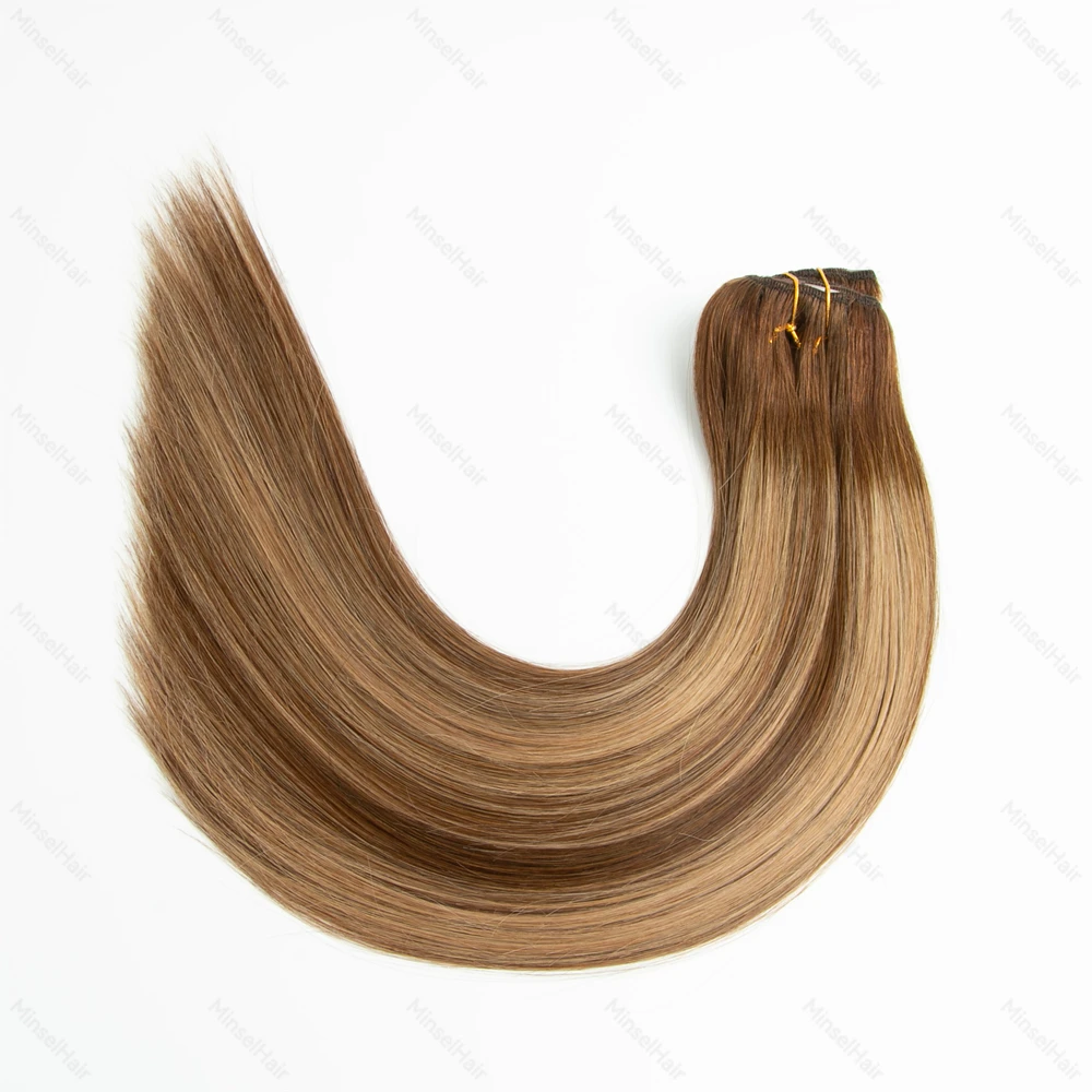 T4P4-27 براون Balayage كليب في وصلات الشعر شعر بشري طبيعي حقيقي بشرة ريمي جودة الحرير وناعم 120 جرام 12-22 بوصة 7 قطعة