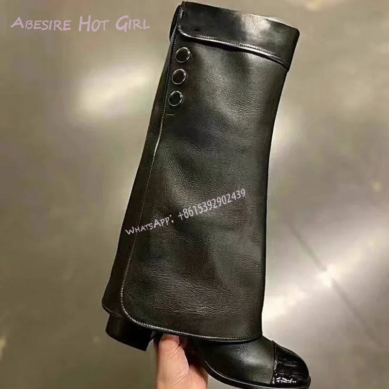 Apricot Leather Folded Elegant Boots Women Knee Black Round Toe Pleat Sexy Button Versatile Spring Shoes Girls Casual Booties