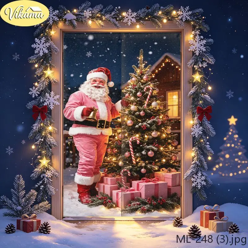 VIKAMA Santa Claus Japanese Style Half Curtain Christmas Snowy Night Print Fabric Curtain Privacy Divider Festive Home Decor