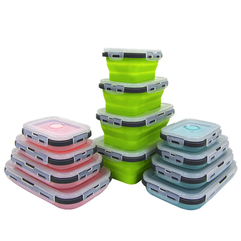 Set(4pcs) OPP Food Grade Square Portable Foldable Silicone Lunch Box Microwave Oven Lunch Box Refrigerator Preservation Box