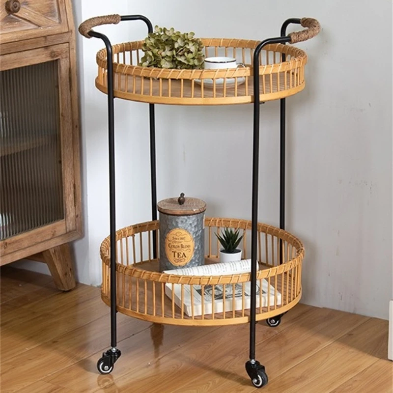 

Bamboo and rattan small coffee table trolley bedroom study living room side few wrought iron rattan storage tray rack two floors