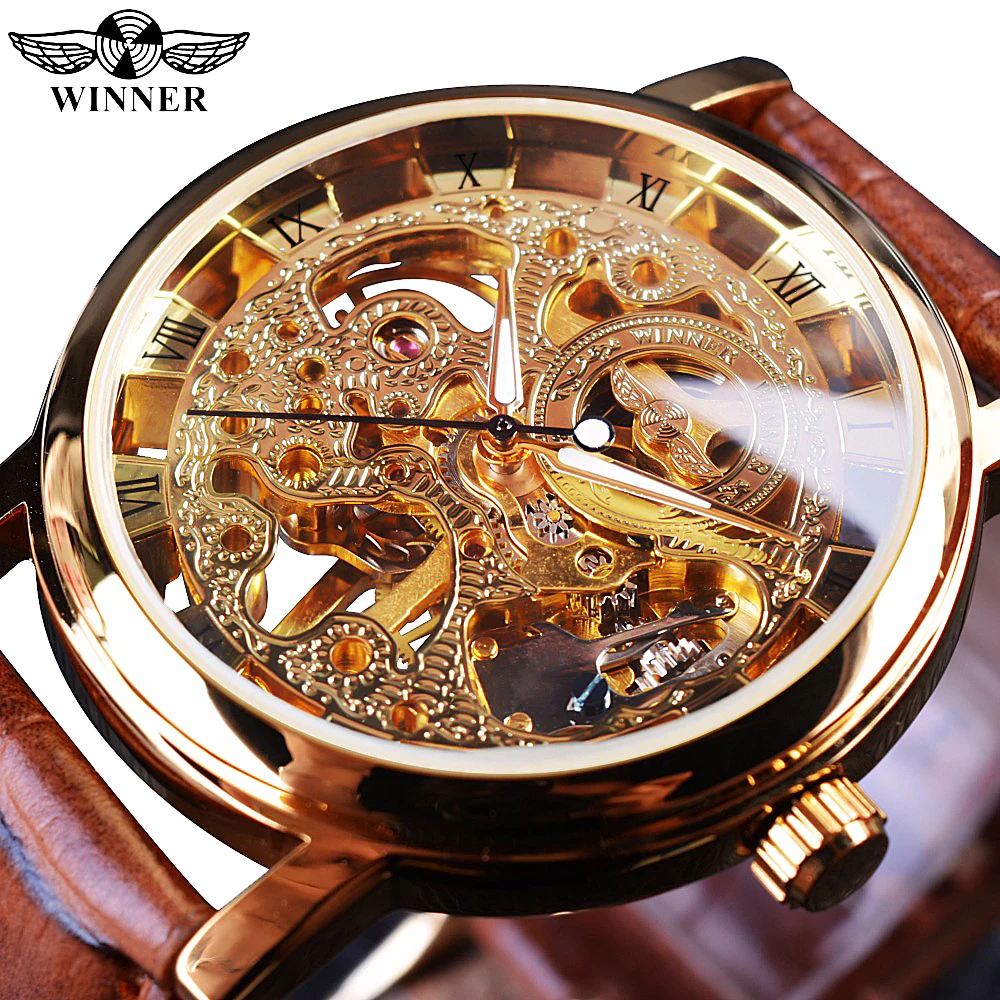 Winner Luxury Gold Skeleton Watches Men Brown Leather Strap Mechanical Hand Wind Wristwatches Men Cheap Price Free Shipping 2022