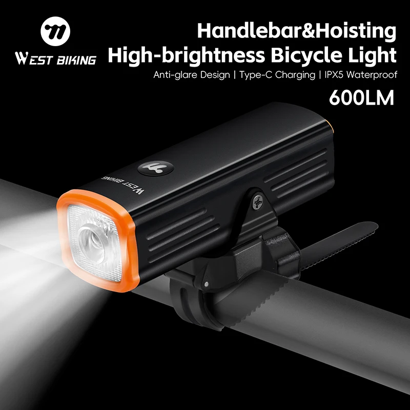 

WEST BIKING Bike Light 600LM Handlebar&Hoisting Bicycle Headlight IPX5 Waterproof Type-C Charging Cycling Front Light Flashlight