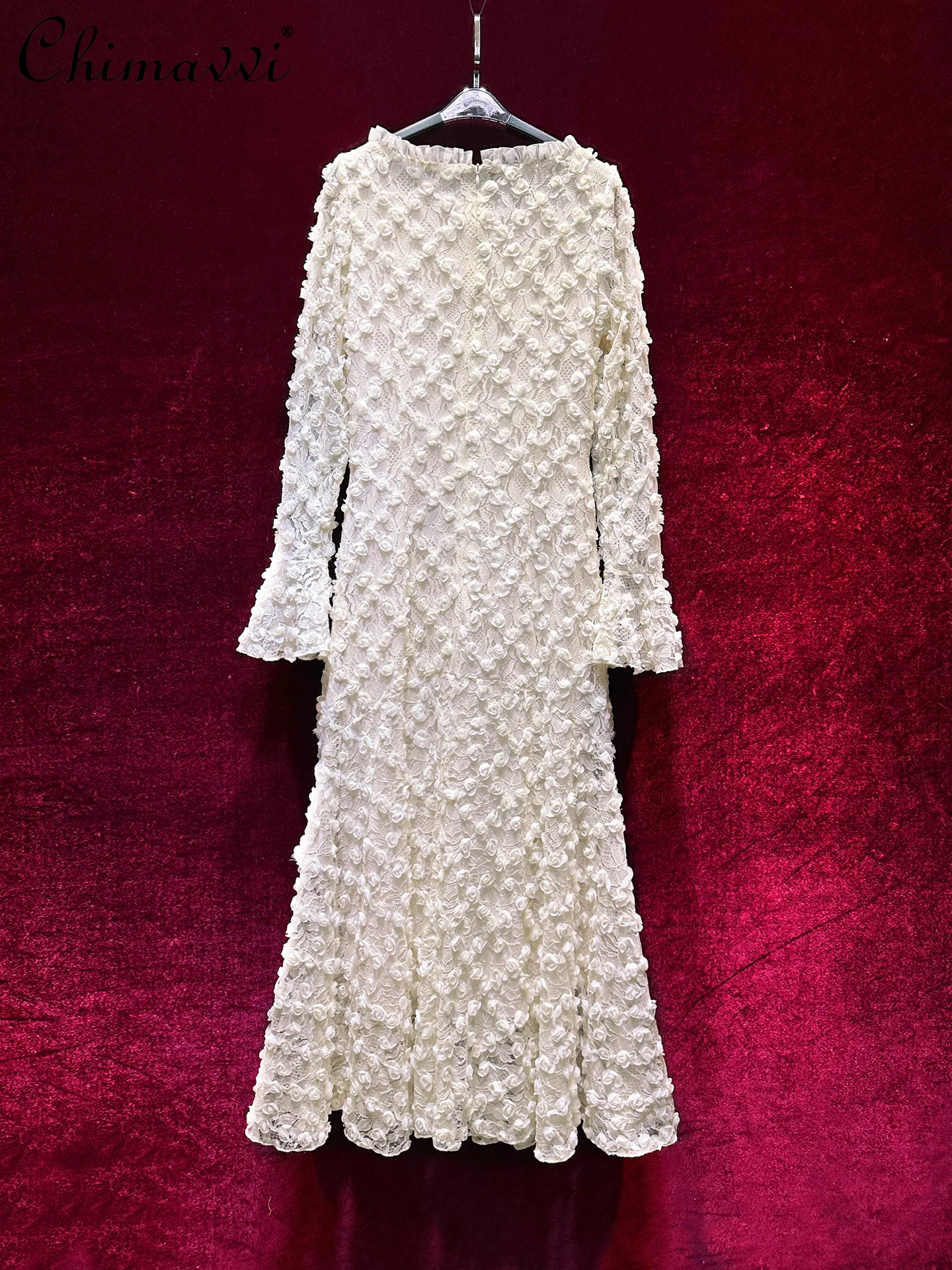 French Elegant Heavy Disc Flower Square Collar Horn Long Sleeve Retro Princess Dress High-end Fashion Lace Long Dress Autumn New