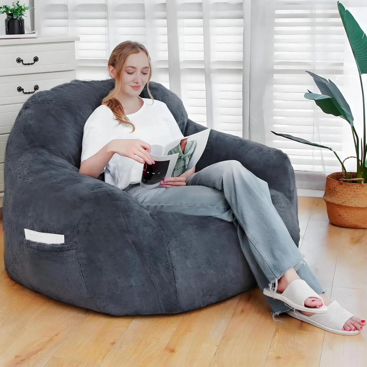 Giant Bean Bag Chair, Bean Bag Sofa with Armrests, Bean Bag Chairs for Adults Stuffed Memory Foam | Storage | Non-Slip,