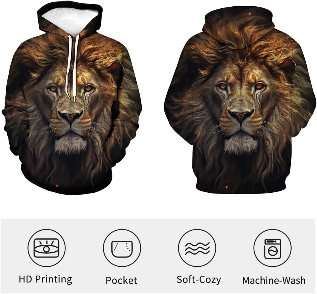 Lurhonp الأسد هوديس الرجال امرأة عادية هوديي الدافئة البلوز مقنعين موضة البلوز ملابس علوية فضفاضة مع جيوب