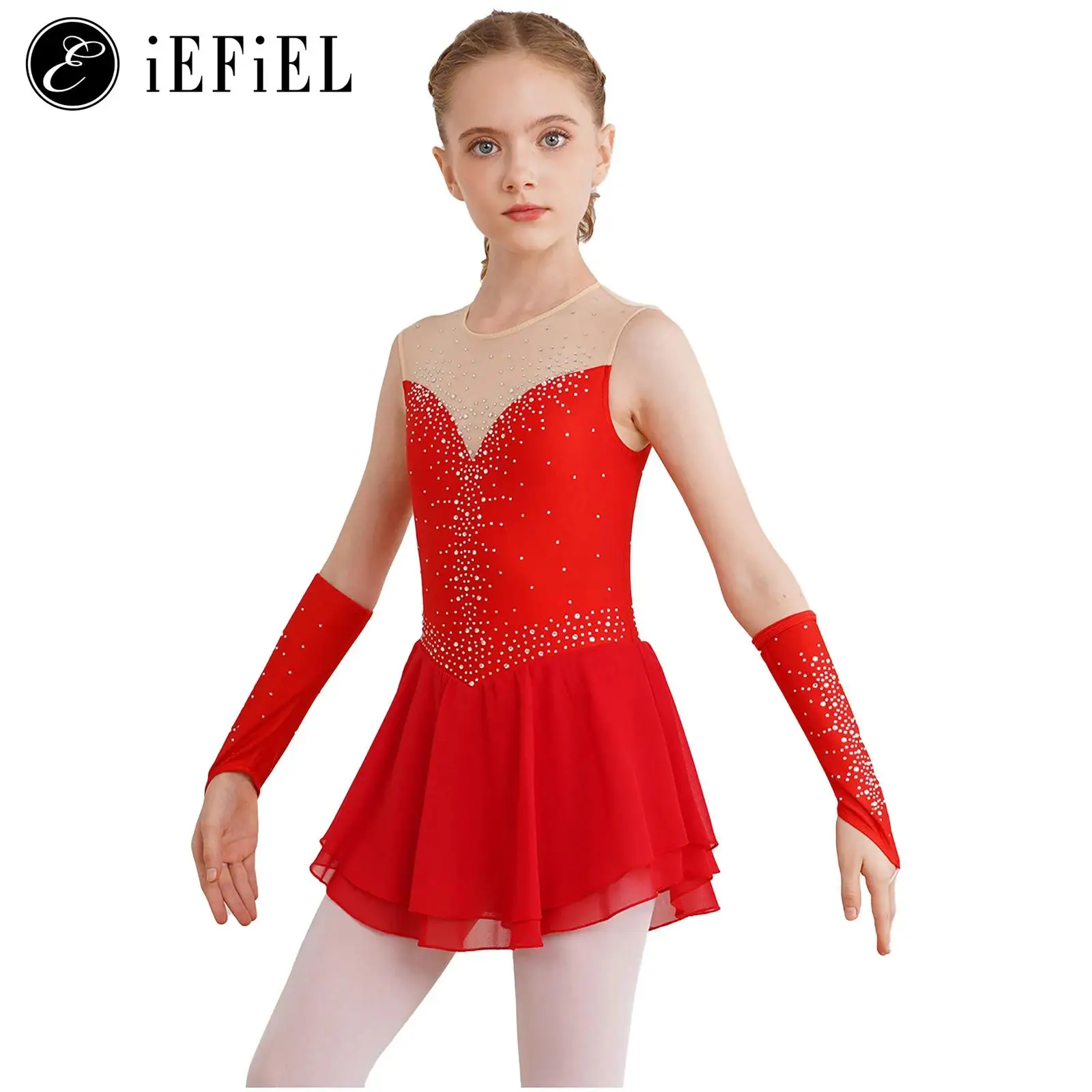 Figure Ice Skating Dress for Kids Girls Sleeveless Rhinestone Leotard Skirts with Gloves Ballet Lyrical Dance 2 Pcs Outfit