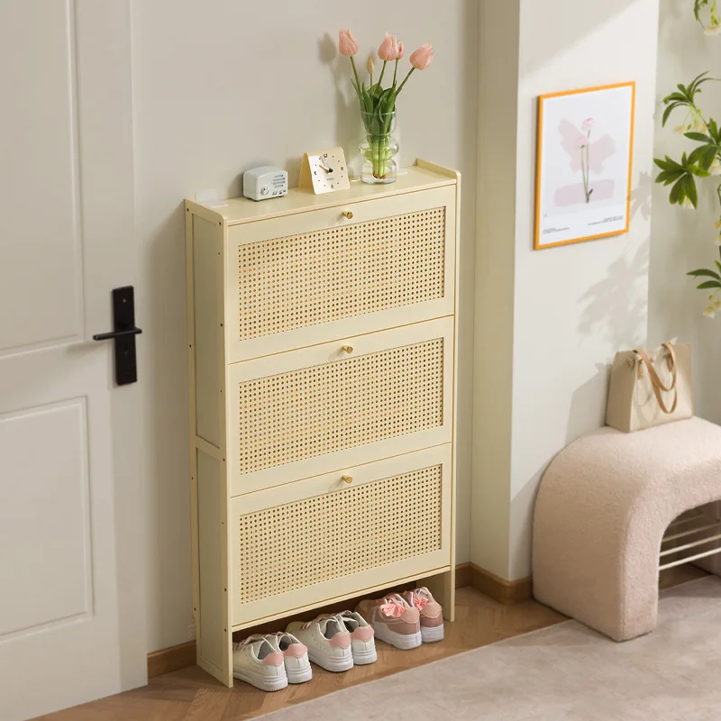 Cream style multi-layer bamboo and wood shoe cabinet, dust-proof narrow shoe cabinet, wall mounted flip shoe storage cabinet
