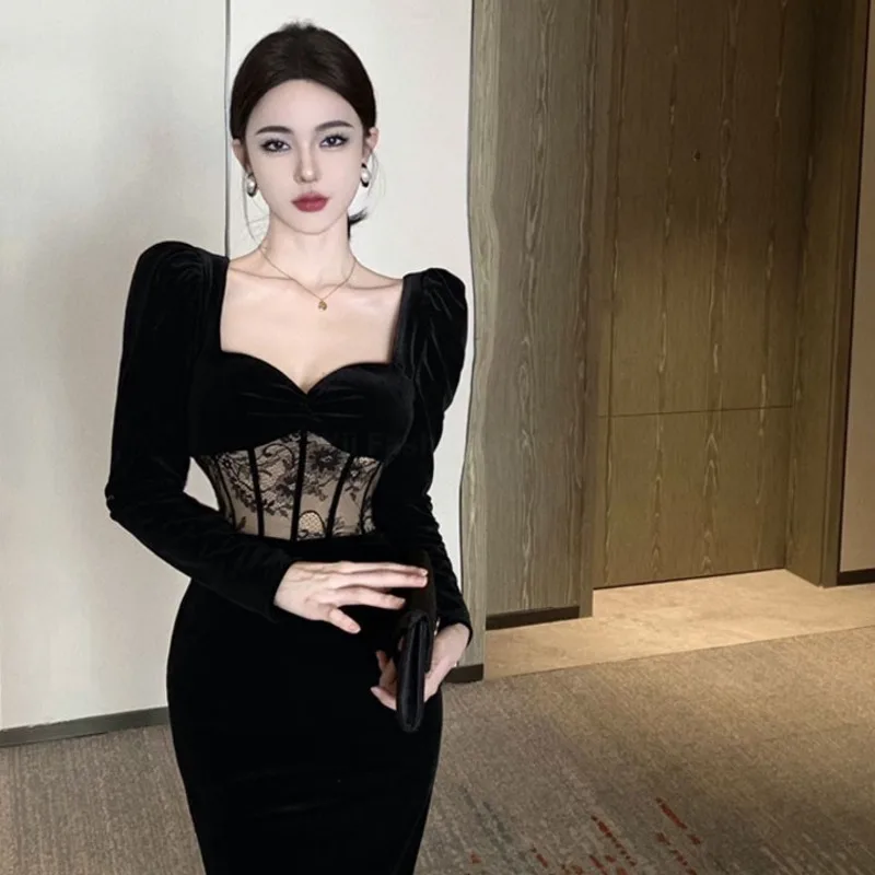 Women Elegant Black Velvet Sexy Party Dress French Vintage Lace Patchwork High Waist Long Dress Lady Long Sleeve Prom Dress