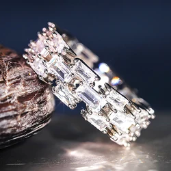 Huitan New Trendy Wedding Rings for Women Crystal Rectangular Cubic Zirconia Design Engagement Band Accessories Fashion Jewelry