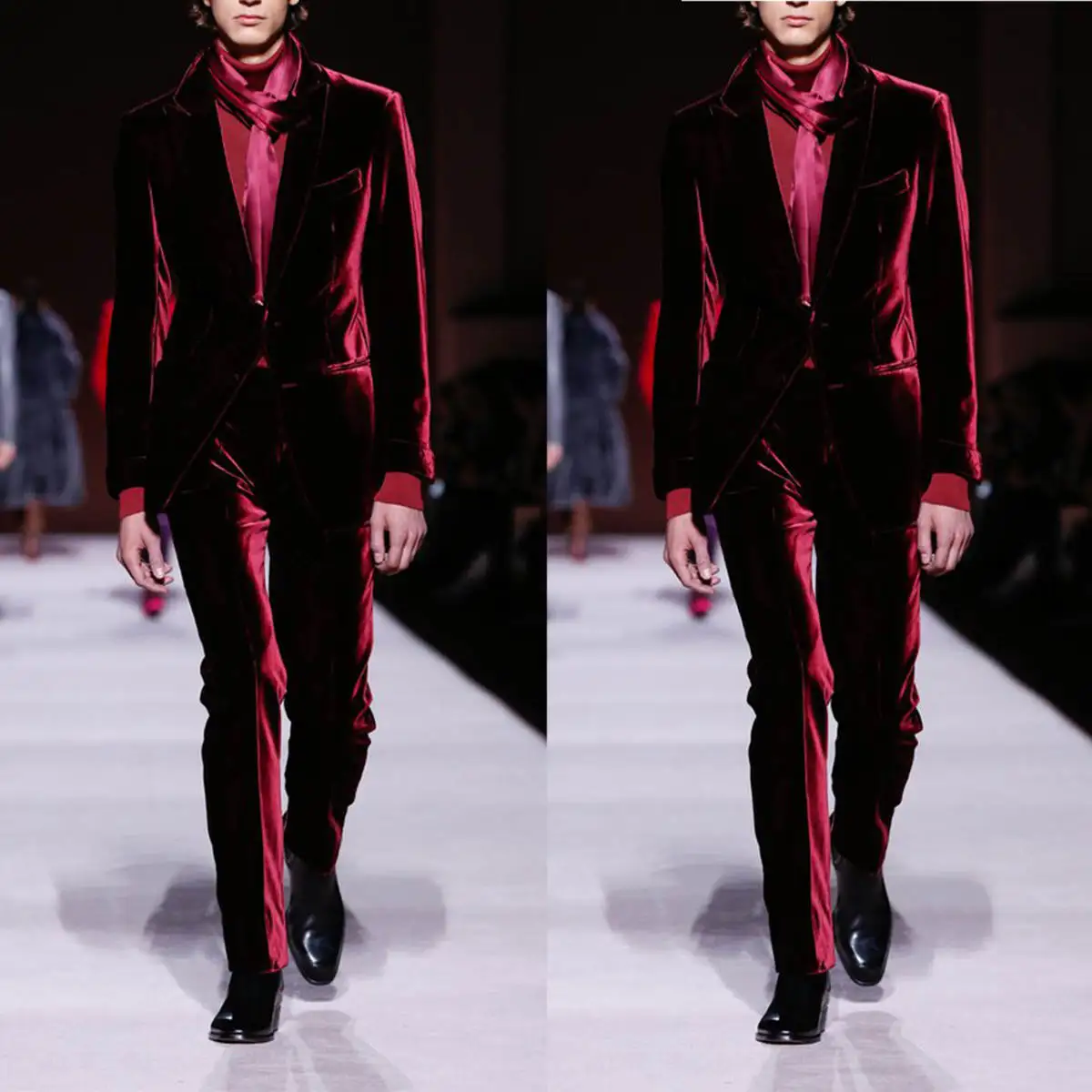 

Red Velvet Mens Wedding Tuxedos Peaked Lapel Tailored Jacket Birthday Party Prom Groom Wear One Piece