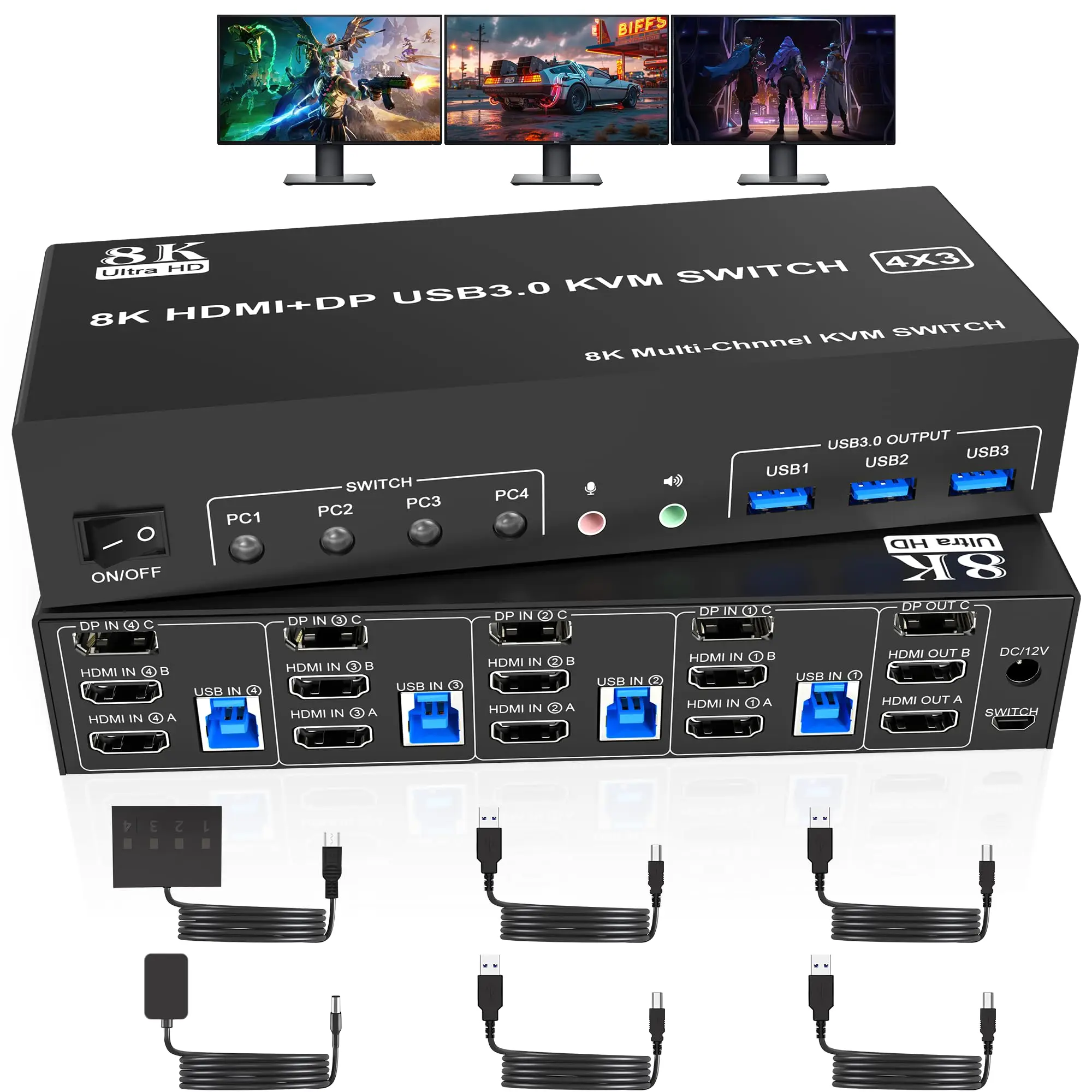 8K Displayport +2 HDMI USB 3.0 KVM Switch 3 Monitors 4 Computers,Triple Monitor KVM Switch with Audio Microphone + 3 USB3.0 Port