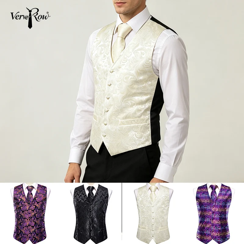 VerveRow Men V-Neck Jacquard Waistcoat Vest Tie Pocket Square Set Ivory Paisley Wedding Formal Suit