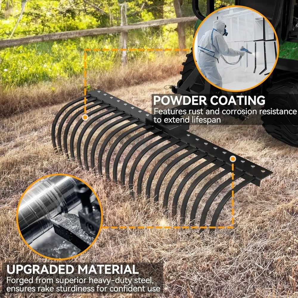 Rastrillo de remolque detrás del paisaje, rastrillo de Tractor de 60 pulgadas con 2 receptores para ATV UTV, 21 dientes de acero con resorte, rastrillo desacoplador de césped Atta