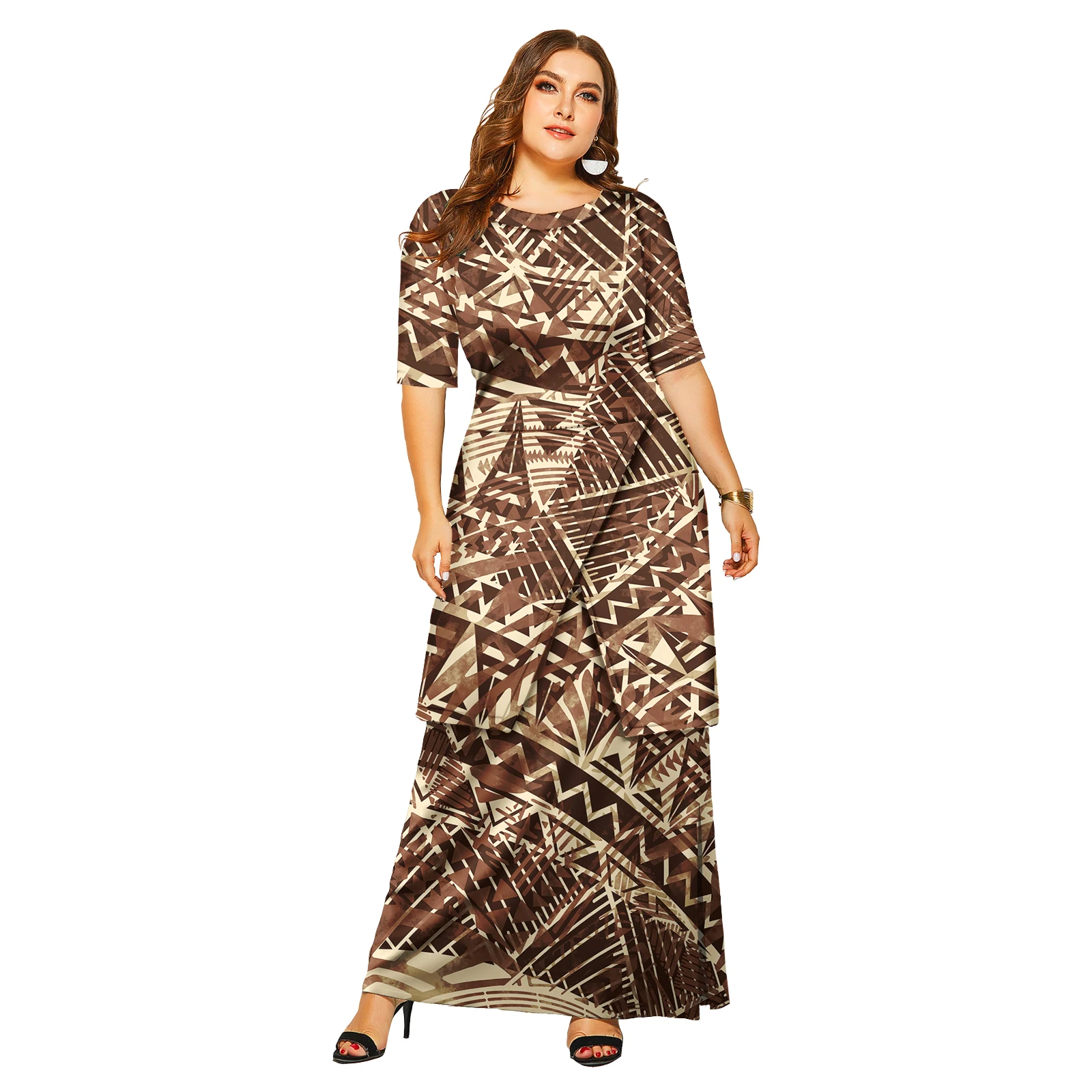 Elegant ออกแบบใหม่ที่กําหนดเอง Puletasi Samoan Tonga Tribal รูปแบบ Maxi ชุดผู้หญิงชุดราตรี 2 ชิ้นชุดชุดด้านบน