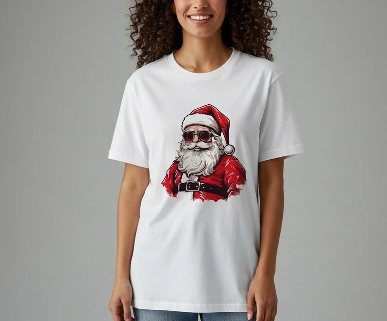 Cool Santa T-Shirt with Sunglasses Modern Christmas Apparel Funny Holiday Graphic Unique Unisex Gift Idea for Simple Style Tops