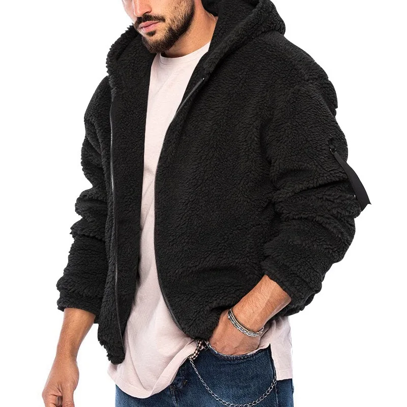 Herren Winter Reißverschluss Fleece Kapuzenjacke Vintage Casual Streetwear Lose Einfarbig Hoodie mit Taschen Freizeit Mode Mantel – Detail 13