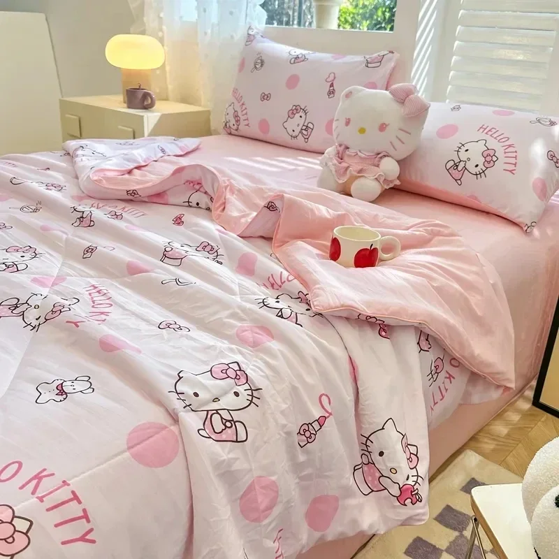 Hello Kitty Kawaii Summer Quilt Anime Cartoon Bedding Quilt Cover Student Bedding Soft Microfiber Bedspread Lightweight Coverlet