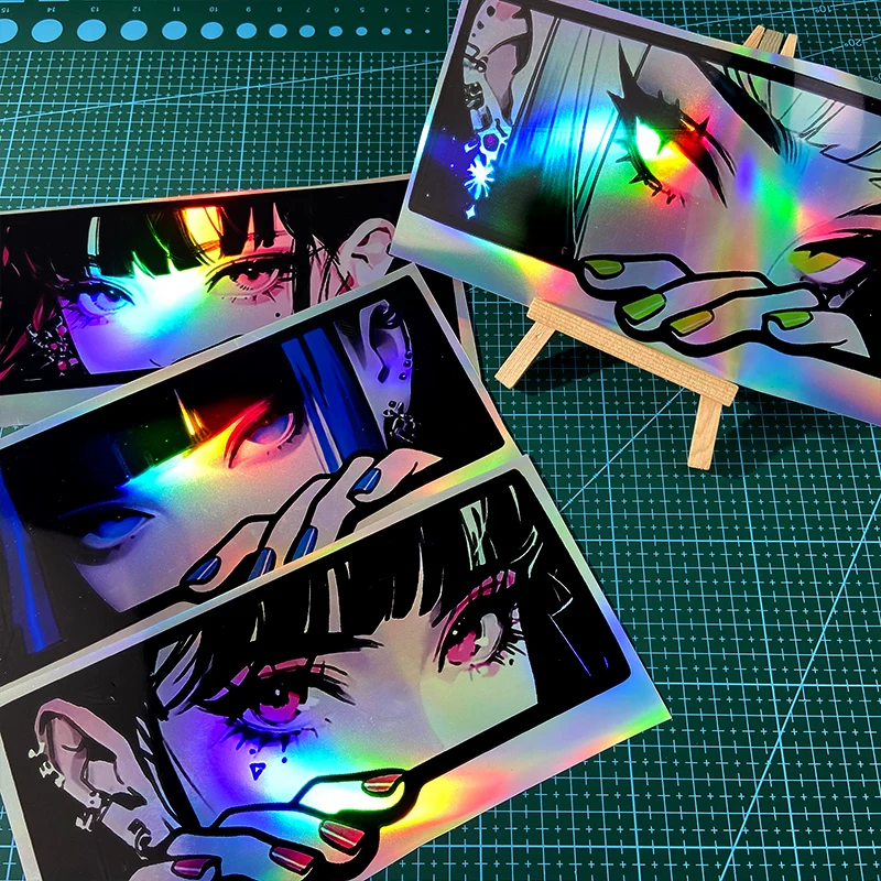 Reflective Laser Anime Peeking Eyes JDM Motorcycle Stickers Waterproof Motorbike Fuel Tank Electric Scooter Laptop Vinyl Decals