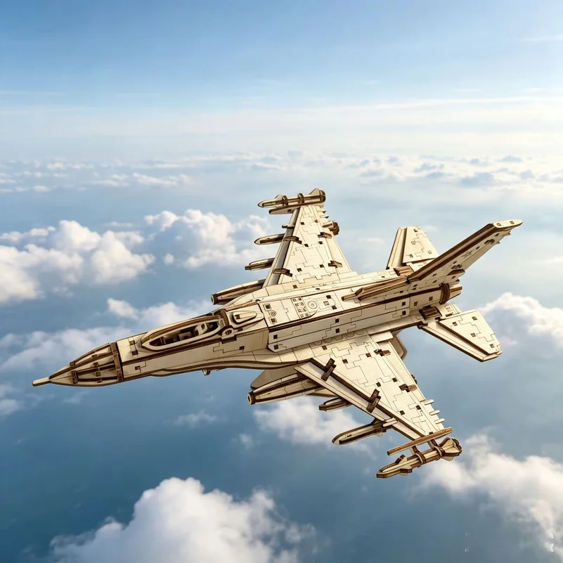 3D Wooden Fighter Jet Jigsaw Puzzle Model with Display Stand Military Aircraft DIY Jigsaw Puzzle, Study Decorative Ornament