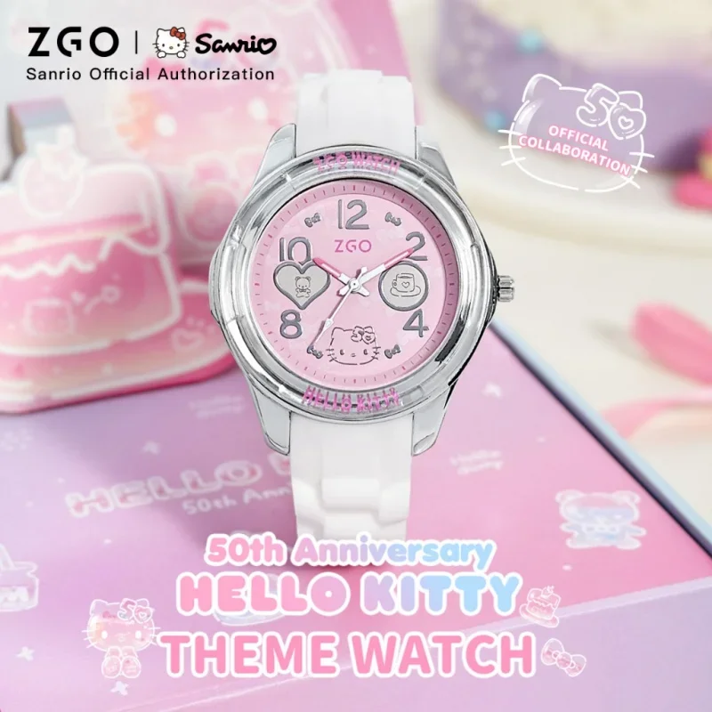 Waterproof quartz alloy wristwatch for women, ZGO x Sanurgente HelloKitty 50th Workers Limited Shoous 2302 anniversary gift