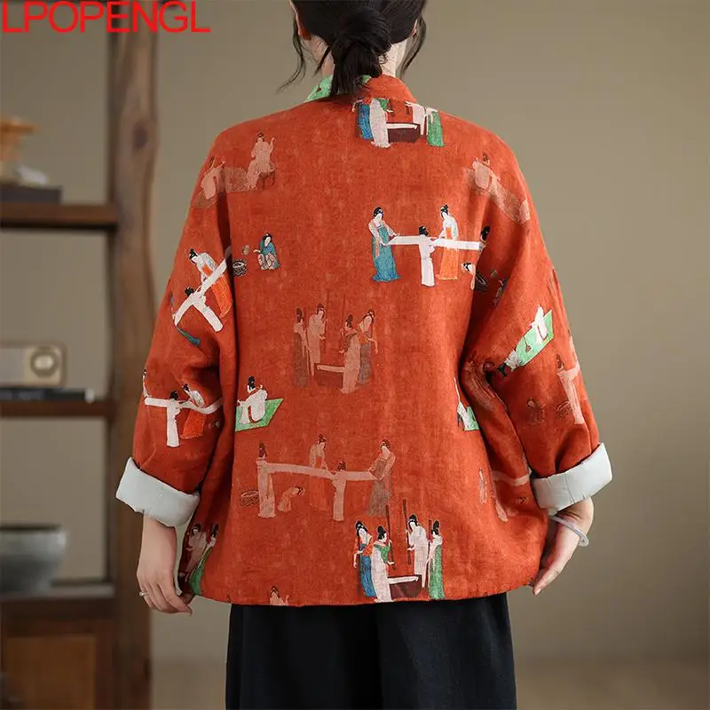 New Chinese Style Retro Printed Jacket Women\'s Winter Thickened Warm Long Sleeves Single Breasted Wide-waisted Cotton Clothes