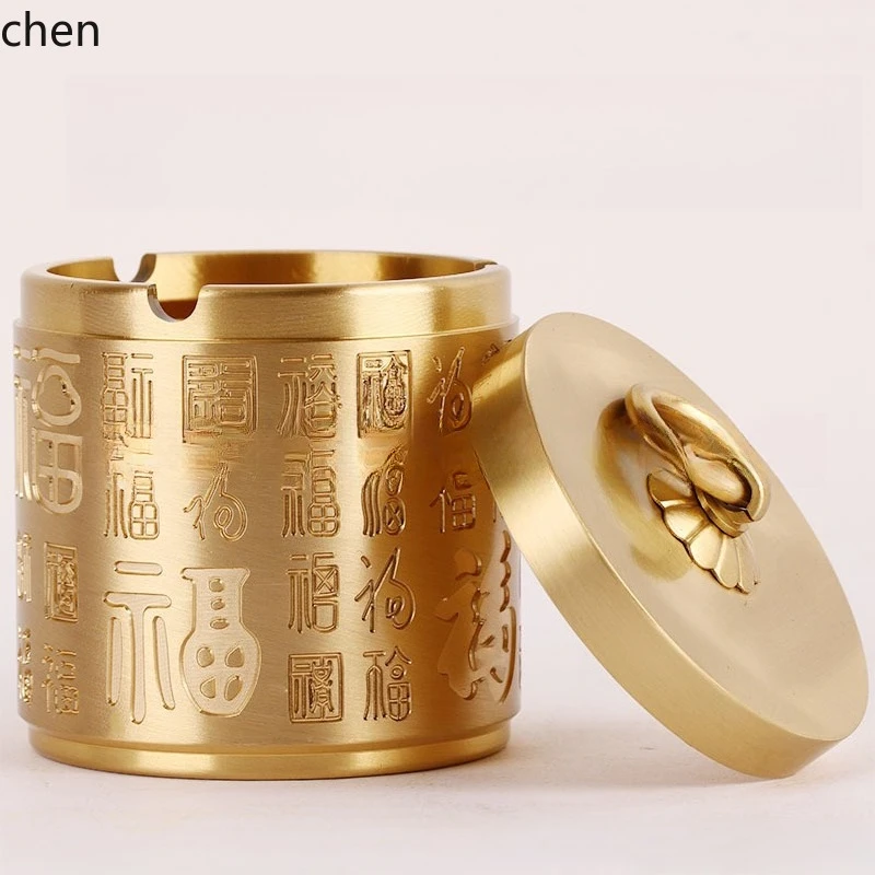 Cz wholesale brass car ashtray home office ornament with lid, hundred blessings ashtray, chinese style copper ornament